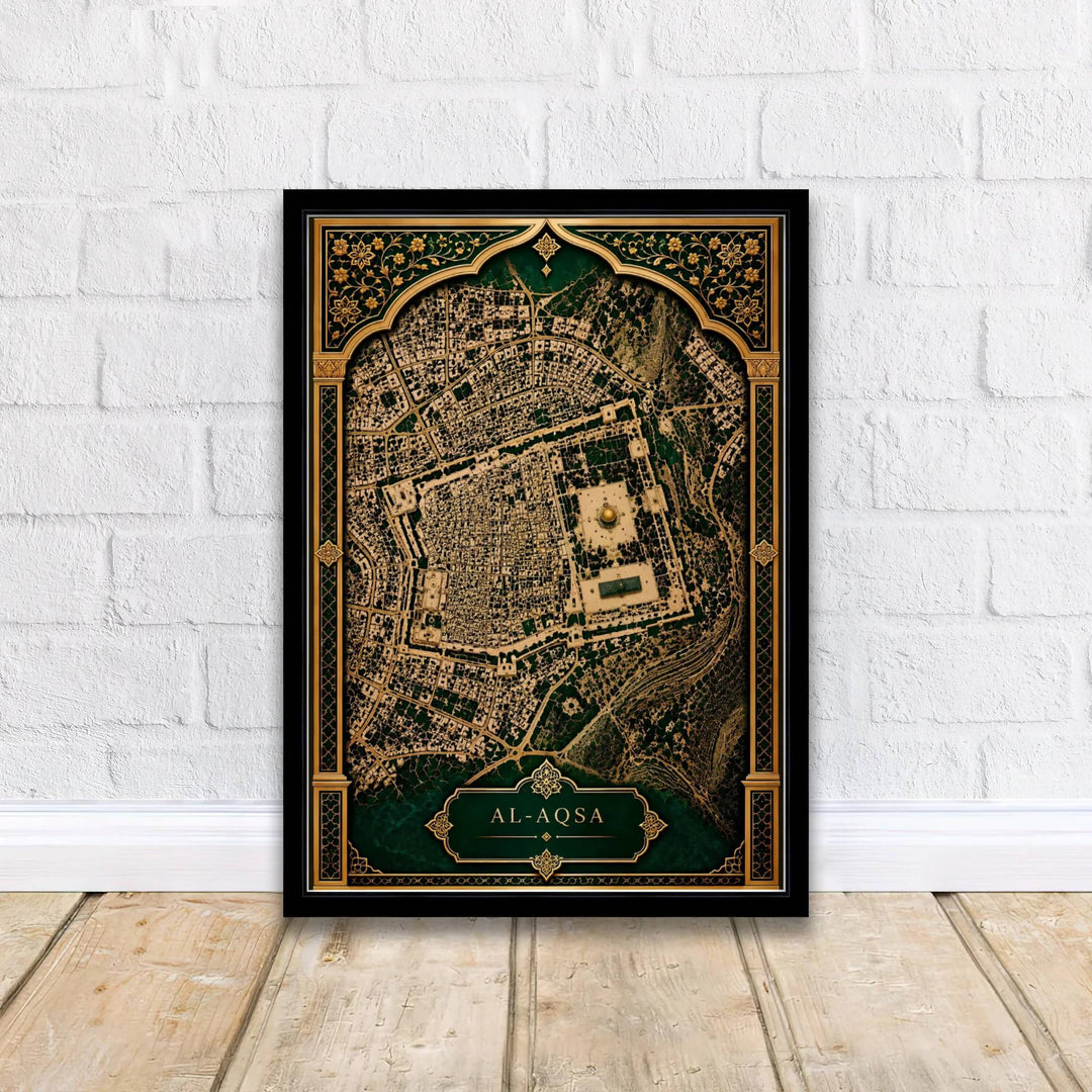 Architectural map print of the Old City of Jerusalem featuring Al Aqsa compound and gold accents. Curated by MapYourDreams, this artwork is available in flexible options including unframed paper, custom wooden frames, and gallery canvas wraps tailored for home interiors.