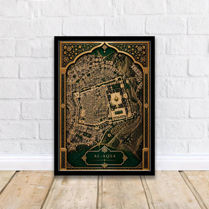 Architectural map print of the Old City of Jerusalem featuring Al Aqsa compound and gold accents. Curated by MapYourDreams, this artwork is available in flexible options including unframed paper, custom wooden frames, and gallery canvas wraps tailored for home interiors.