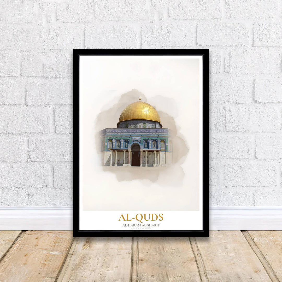 Minimalist Islamic architecture poster featuring Al-Haram Al-Sharif Dome of the Rock in Jerusalem Palestine. Supplied by MapYourDreams, this artwork is available in flexible options including unframed paper, custom wooden frames, and gallery canvas wraps for sophisticated decor.