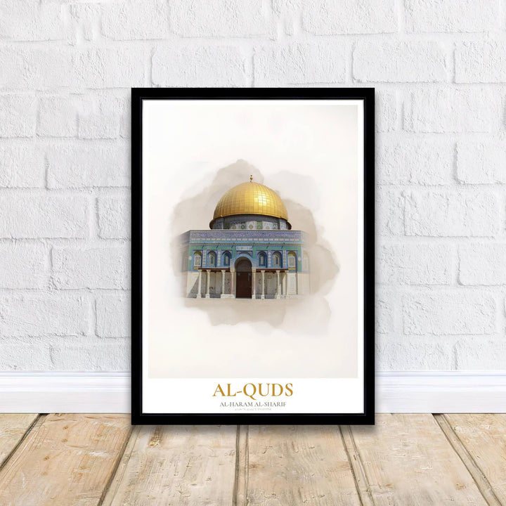 Minimalist Islamic architecture poster featuring Al-Haram Al-Sharif Dome of the Rock in Jerusalem Palestine. Supplied by MapYourDreams, this artwork is available in flexible options including unframed paper, custom wooden frames, and gallery canvas wraps for sophisticated decor.