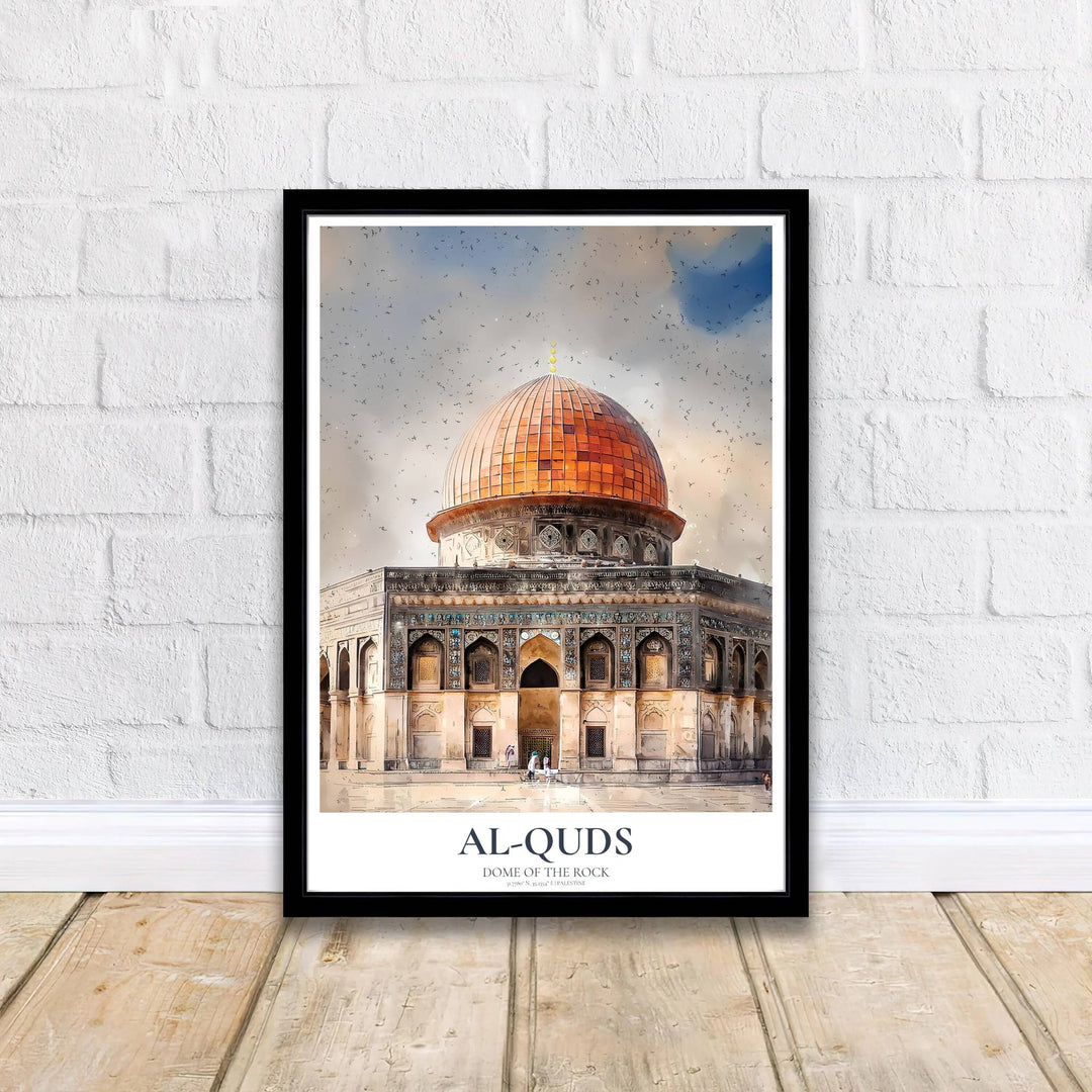 Fine art watercolor travel poster of Dome of the Rock in Jerusalem with elegant Al-Quds title typography. Provided by MapYourDreams, this artwork is available in flexible options including unframed paper, custom wooden frames, and gallery canvas wraps for contemporary setups.