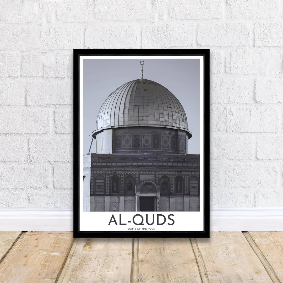 Dramatic monochrome Islamic architecture poster featuring Al-Haram Al-Sharif Dome of the Rock in Jerusalem Palestine. Supplied by MapYourDreams, this artwork is available in flexible options including unframed paper, custom wooden frames, and gallery canvas wraps for sophisticated decor.