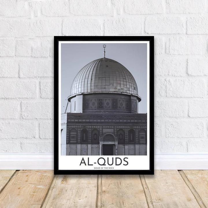 Dramatic monochrome Islamic architecture poster featuring Al-Haram Al-Sharif Dome of the Rock in Jerusalem Palestine. Supplied by MapYourDreams, this artwork is available in flexible options including unframed paper, custom wooden frames, and gallery canvas wraps for sophisticated decor.