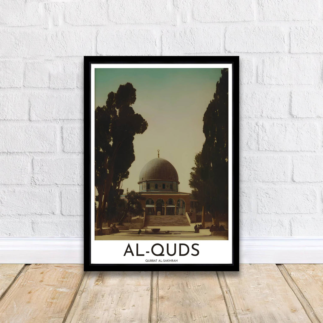 Vintage Islamic architecture poster featuring Al-Haram Al-Sharif Dome of the Rock in Jerusalem Palestine through cypress trees. Supplied by MapYourDreams, this artwork is available in flexible options including unframed paper, custom wooden frames, and gallery canvas wraps for stylish decor.