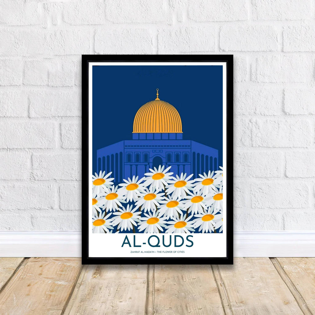 Modern Islamic architecture poster featuring Al Quds Dome of the Rock with blooming floral field in Palestine. Supplied by MapYourDreams, this artwork is available in flexible options including unframed paper, custom wooden frames, and gallery canvas wraps for stylish decor.