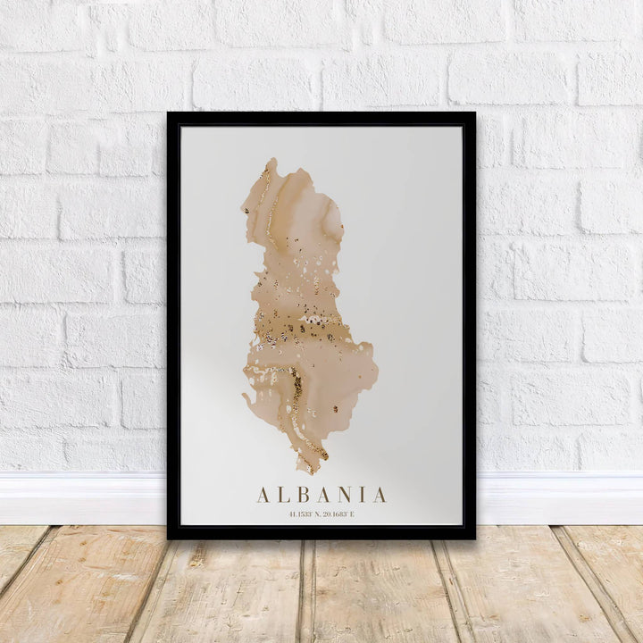 Modern abstract country map artwork showing Albania in beige and gold marble gradients on archival stock with refined cartographic lettering. Offered by MapYourDreams, this artwork is available in flexible options including unframed paper, custom wooden frames, and gallery canvas wraps.