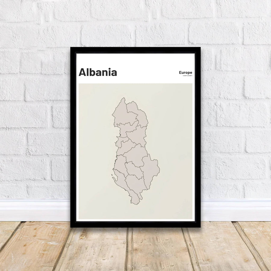 Abstract minimalist line map poster of Albania with coordinates 41.1533° N, 20.1683° E, crafted to enhance warm minimalist aesthetic wall decor. Offered by MapYourDreams, this artwork is available in flexible options including unframed paper, custom wooden frames, and gallery canvas wraps.
