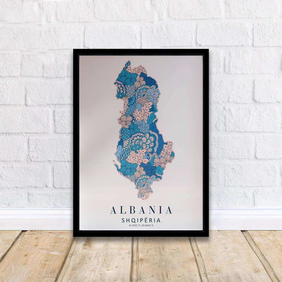 Whimsical blue and pink floral map poster of Albania with coordinates 41.1533° N, 20.1683° E, crafted to enhance romantic or cottagecore home interior wall decor. Offered by MapYourDreams, this artwork is available in flexible options including unframed paper, custom wooden frames, and gallery canvas wraps.