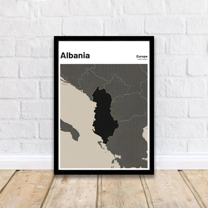 Dark charcoal regional map poster of Albania with coordinates 41.1533° N, 20.1683° E, crafted to enhance industrial and Scandinavian interior wall decor. Offered by MapYourDreams, this artwork is available in flexible options including unframed paper, custom wooden frames, and gallery canvas wraps.