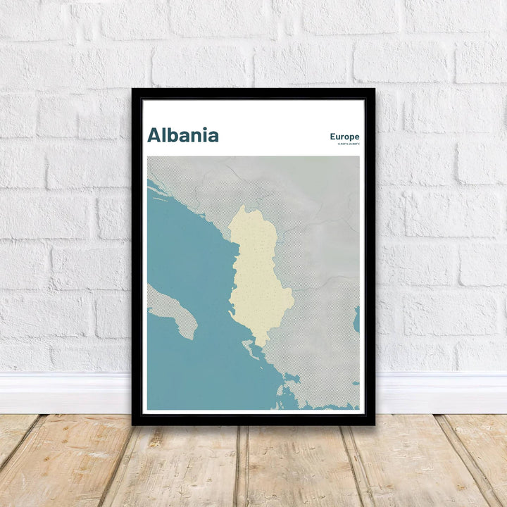 Vintage teal regional map poster of Albania with coordinates 41.1533° N, 20.1683° E, crafted to enhance coastal and Scandinavian interior wall decor. Offered by MapYourDreams, this artwork is available in flexible options including unframed paper, custom wooden frames, and gallery canvas wraps.