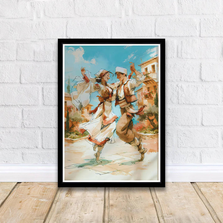 Artistic Valle folk dance poster of Albania with couple in traditional embroidered attire, crafted to enhance warm European interior wall decor. Offered by MapYourDreams, this artwork is available in flexible options including unframed paper, custom wooden frames, and gallery canvas wraps.