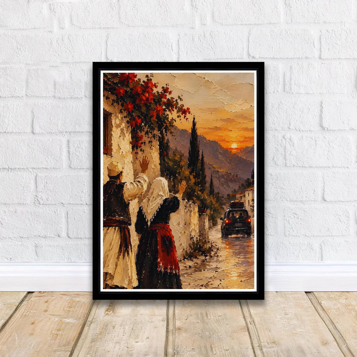Artistic village farewell oil painting poster of Albania with couple in traditional folk attire, crafted to enhance classic home interior wall decor. Offered by MapYourDreams, this artwork is available in flexible options including unframed paper, custom wooden frames, and gallery canvas wraps.