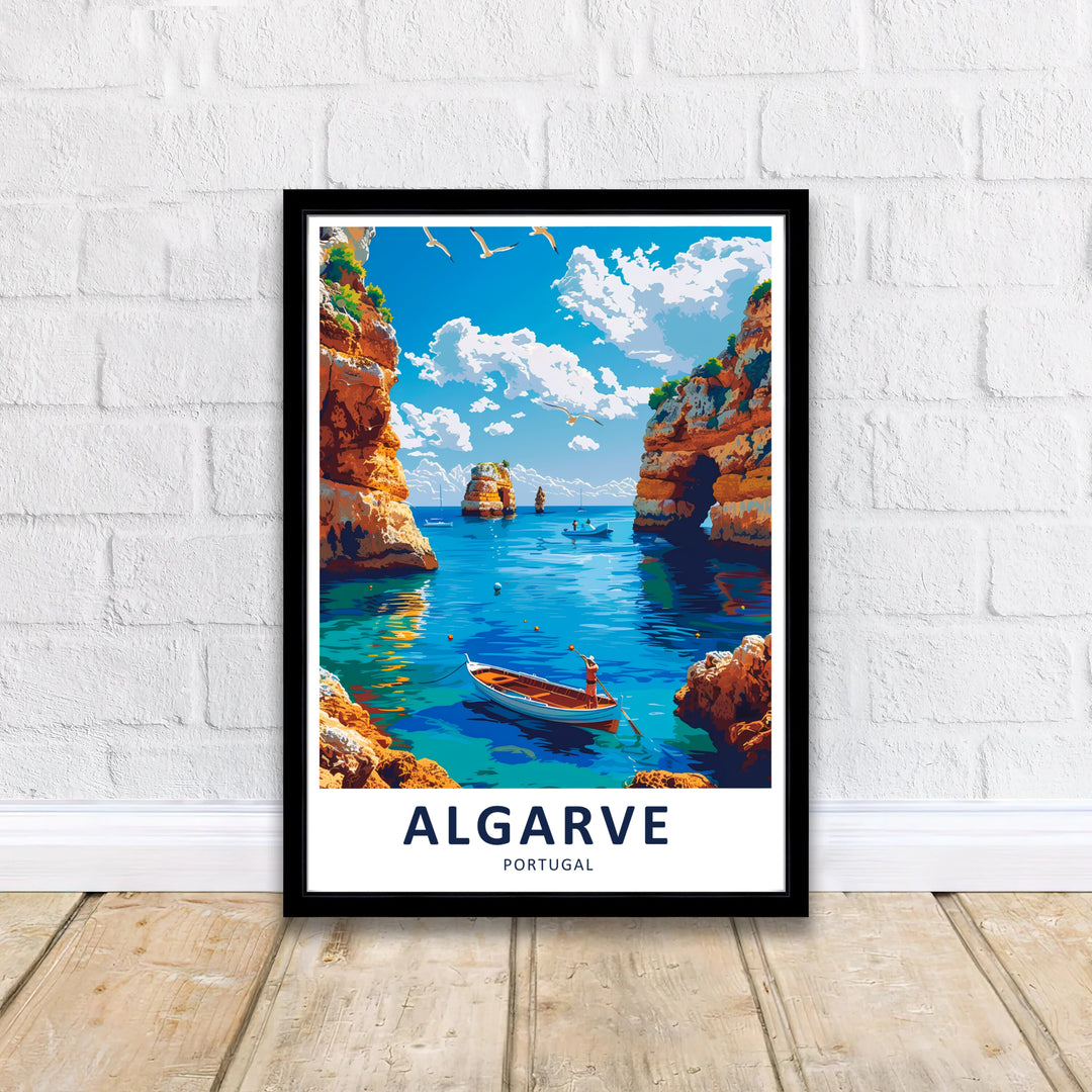 Dramatic Atlantic ocean sea stacks and golden cliff formations create a captivating scene in this Benagil sea cave print made for home decor. Offered in three versatile layouts: unframed paper print, gallery canvas, or framed art.