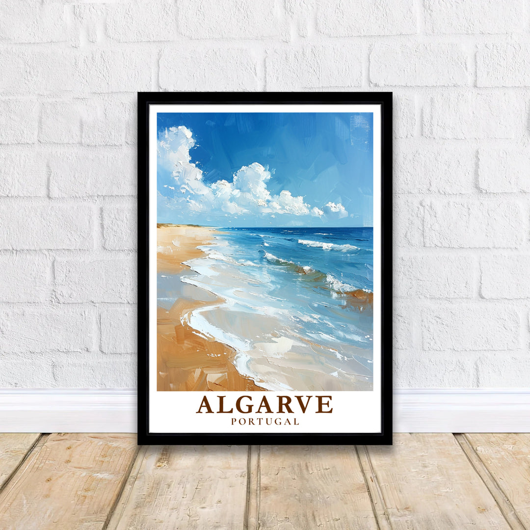 A sprawling golden coastline and calm ocean horizons at Algarve Beach, Portugal star in this wall poster. MapYourDreams delivers museum-grade framed, unframed, and canvas print options with fast shipping for homes.