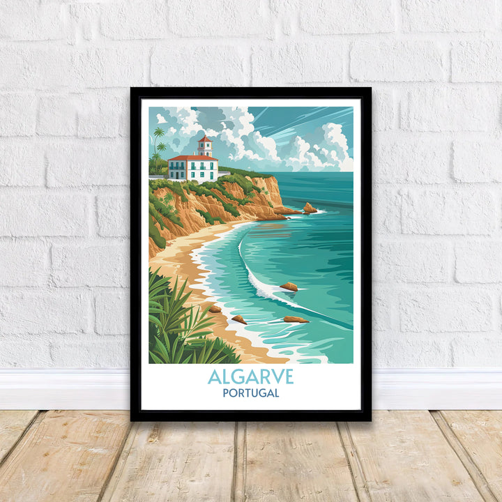 Scenic Atlantic ocean views and golden headlands define this Algarve poster, presented as a ready-to-hang stretched canvas print or unframed wall art piece for travel enthusiasts.