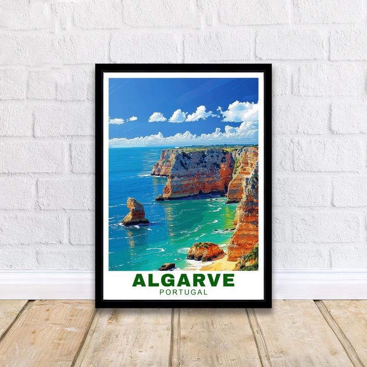 Rich cobalt blue and warm sunlit ochre colors combine in this timeless Algarve Cliffs, Portugal travel poster design. Choose tailored framed, unframed, and canvas print options at MapYourDreams to complement your decor.