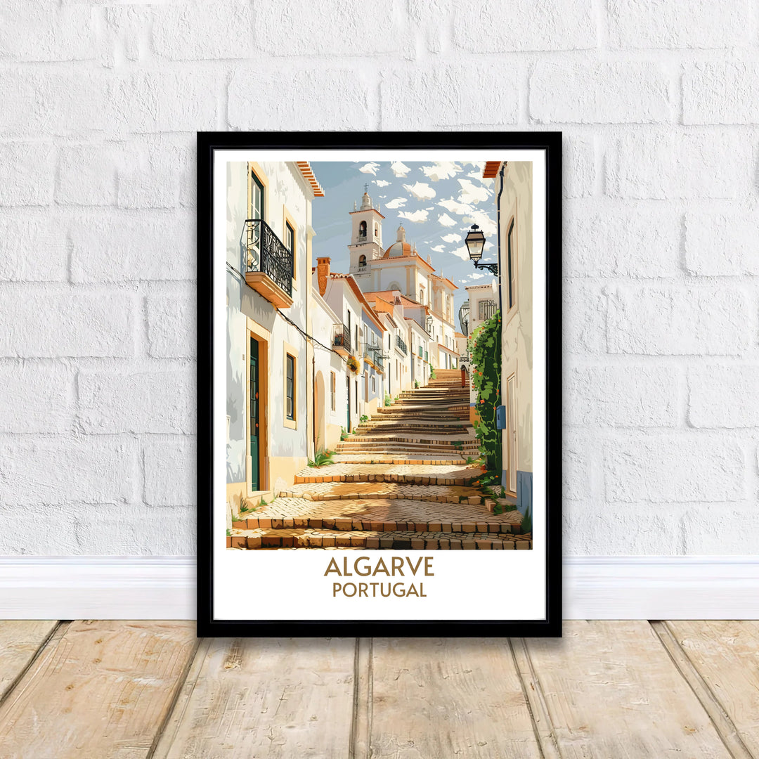 Historic Portuguese architecture and sunlit cobblestone steps at Faro Old Town, Portugal star in this wall poster. MapYourDreams delivers museum-grade framed, unframed, and canvas print options with fast shipping for homes.
