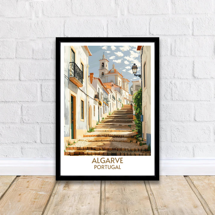 Historic Portuguese architecture and sunlit cobblestone steps at Faro Old Town, Portugal star in this wall poster. MapYourDreams delivers museum-grade framed, unframed, and canvas print options with fast shipping for homes.