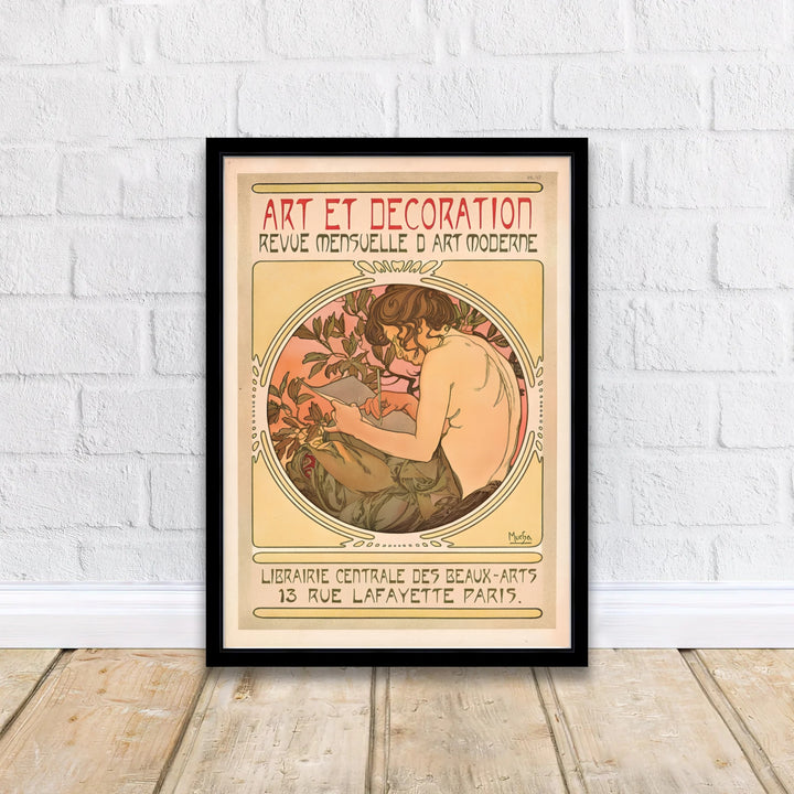 French Art Nouveau poster Art Et Decoration by artist Alphonse Mucha showcasing a figure drawing with pencil at 13 Rue Lafayette Paris. Discover custom framed, unframed, and canvas print decor options at MapYourDreams.