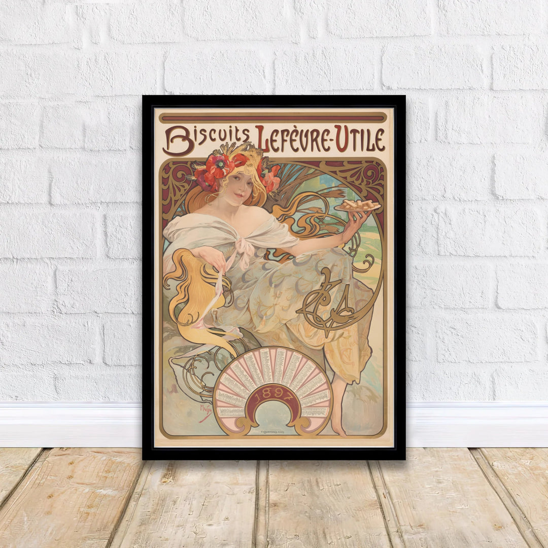 French Art Nouveau poster Biscuits Lefevre Utile by artist Alphonse Mucha showcasing a maiden crowned with wheat in Nantes France. Discover custom framed, unframed, and canvas print decor options at MapYourDreams.
