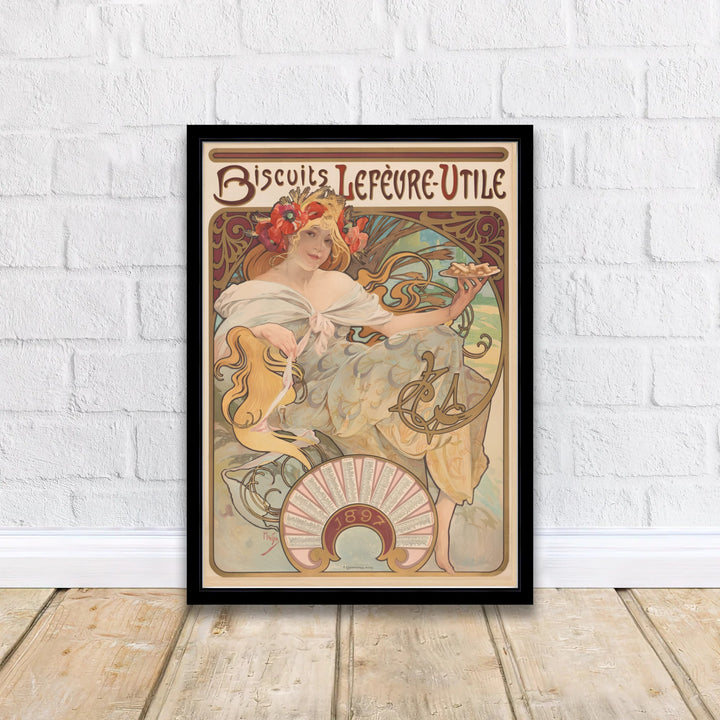 French Art Nouveau poster Biscuits Lefevre Utile by artist Alphonse Mucha showcasing a maiden crowned with wheat in Nantes France. Discover custom framed, unframed, and canvas print decor options at MapYourDreams.