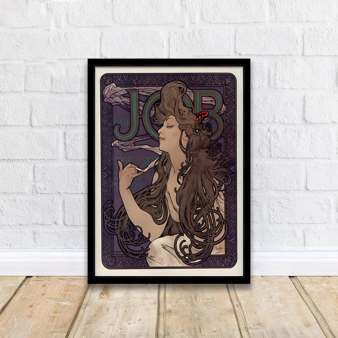 French Art Nouveau poster JOB Cigarette Papers by artist Alphonse Mucha showcasing a bohemian female portrait in Paris France. Discover custom framed, unframed, and canvas print decor options at MapYourDreams.