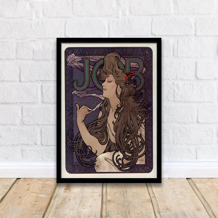 French Art Nouveau poster JOB Cigarette Papers by artist Alphonse Mucha showcasing a bohemian female portrait in Paris France. Discover custom framed, unframed, and canvas print decor options at MapYourDreams.