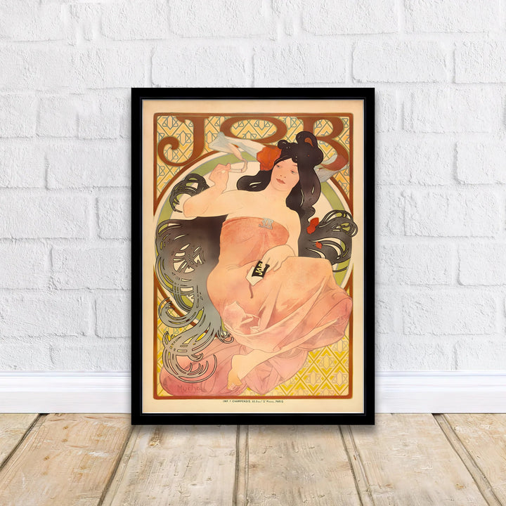 French Art Nouveau poster JOB Cigarette Papers by artist Alphonse Mucha showcasing a romantic female portrait at Boulevard Saint-Michel Paris. Discover custom framed, unframed, and canvas print decor options at MapYourDreams.