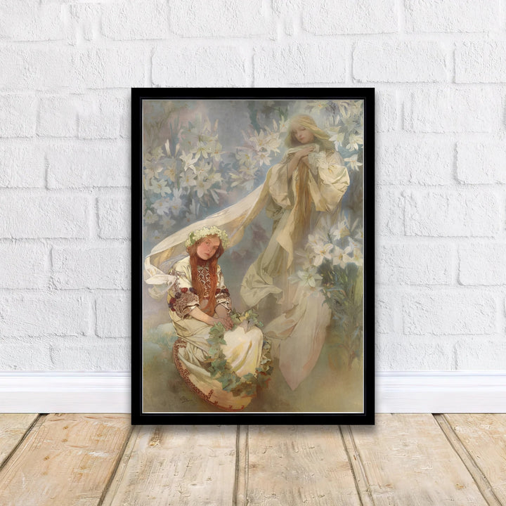 Spiritual Art Nouveau poster Madonna Of The Lilies by artist Alphonse Mucha showcasing an angelic female portrait in Prague Bohemia. Discover custom framed, unframed, and canvas print decor options at MapYourDreams.