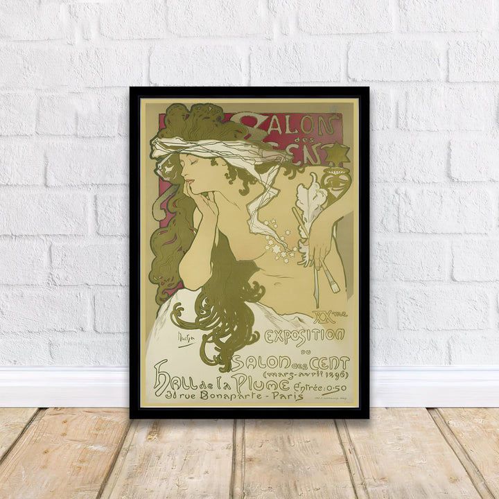 Decorative French Art Nouveau poster Salon Des Cent by artist Alphonse Mucha displaying a pensive female portrait at 31 Rue Bonaparte Paris. Discover custom framed, unframed, and canvas print decor options at MapYourDreams.