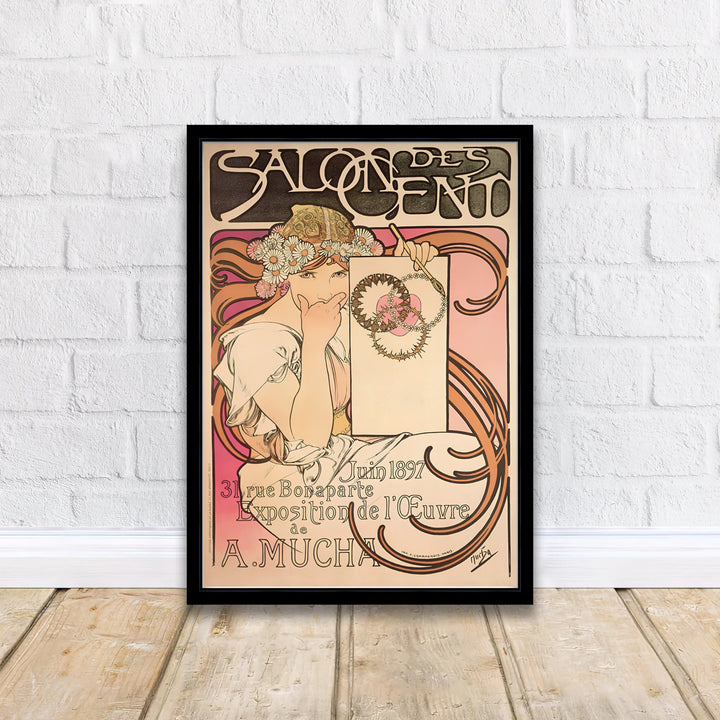 Decorative French Art Nouveau poster Salon Des Cent by artist Alphonse Mucha displaying a coy female portrait at 31 Rue Bonaparte Paris. Discover custom framed, unframed, and canvas print decor options at MapYourDreams.