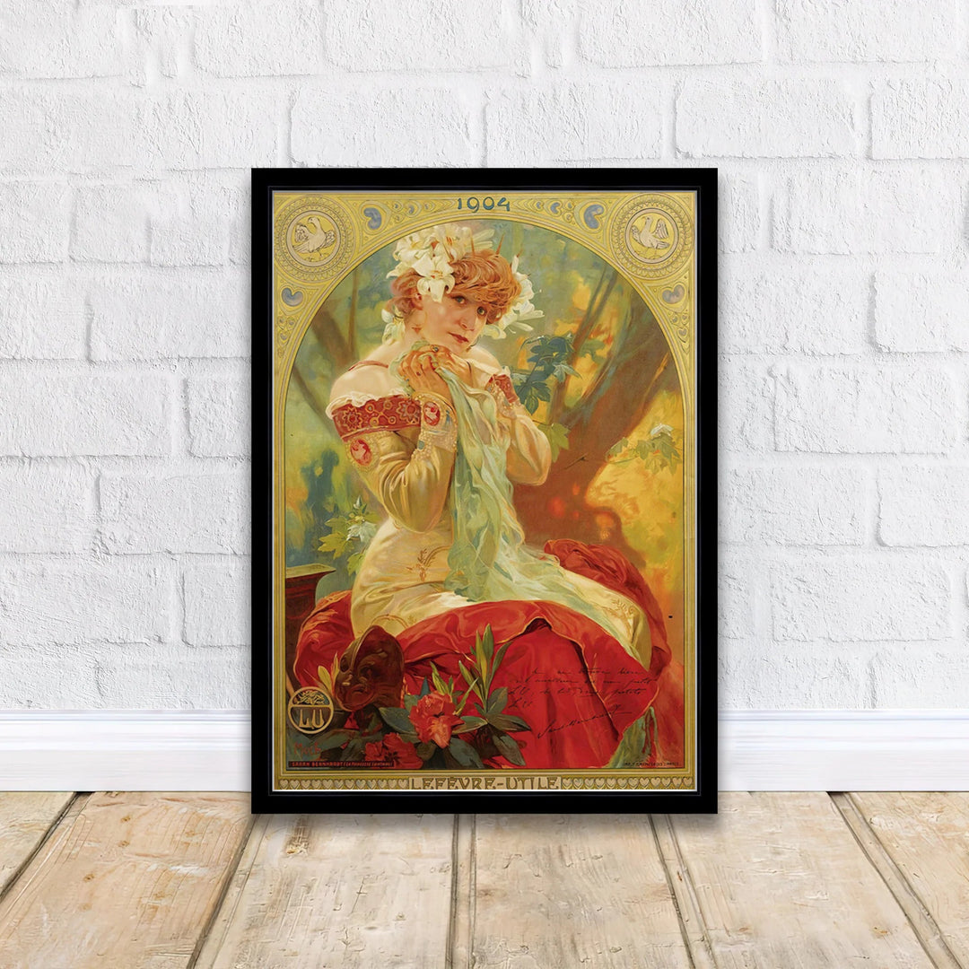 Classic French commercial art poster of Sarah Bernhardt for Lefevre Utile in Paris France by Alphonse Mucha, offered in unframed paper, stretched canvas print, and elegant framed wall art choices at MapYourDreams.