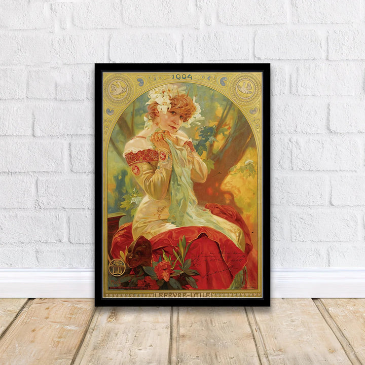 Classic French commercial art poster of Sarah Bernhardt for Lefevre Utile in Paris France by Alphonse Mucha, offered in unframed paper, stretched canvas print, and elegant framed wall art choices at MapYourDreams.