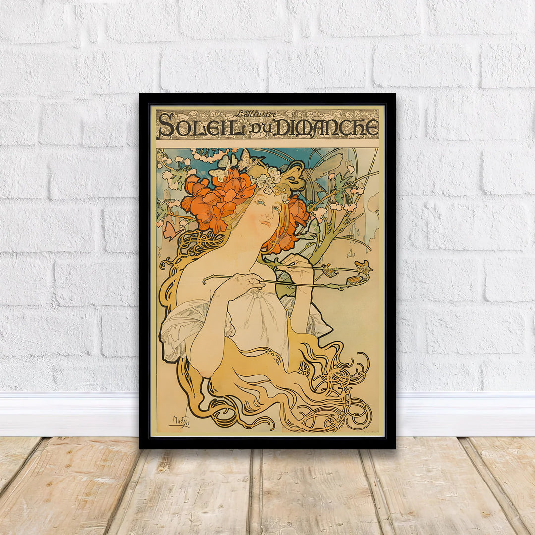 Traditional French vintage print Soleil Du Dimanche by artist Alphonse Mucha displaying organic botanical linework in Paris. MapYourDreams supplies framed, unframed, and canvas poster options for wall decor.