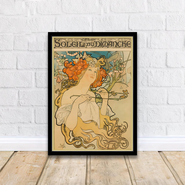 Traditional French vintage print Soleil Du Dimanche by artist Alphonse Mucha displaying organic botanical linework in Paris. MapYourDreams supplies framed, unframed, and canvas poster options for wall decor.