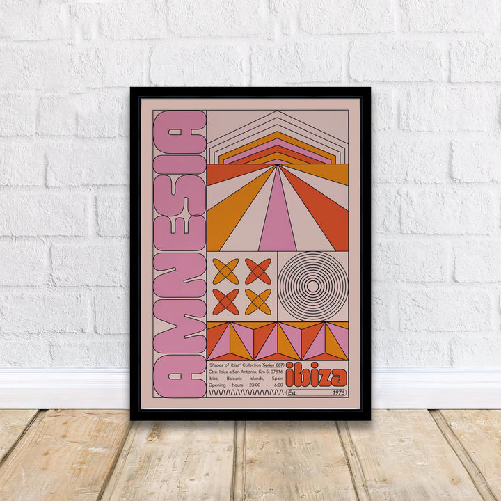 70s aesthetic nightclub wall art displaying abstract shapes, soundwave circles, and establishment details for Amnesia Ibiza in Spain, offered by MapYourDreams where options include unframed paper prints, gallery wrapped canvas decor, or custom frame styling designed to enhance listening rooms.