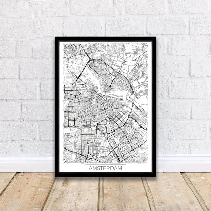 Architectural blueprint poster of the Amsterdam street network highlighting crisp geometry and high-density urban planning, presented by MapYourDreams with selection choices for fine art unframed paper prints, gallery stretched canvas art, or high-end custom frame choices to suit any room setup.