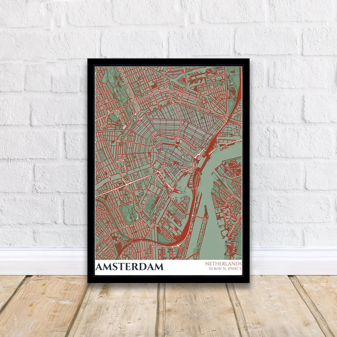 Modern street map decor displaying the urban density and canal ring layout of Amsterdam in red ink over sage green background, offered by MapYourDreams in flexible formats such as unframed paper prints, gallery wrapped canvas, or custom framing tailored to fit earthy decor themes.