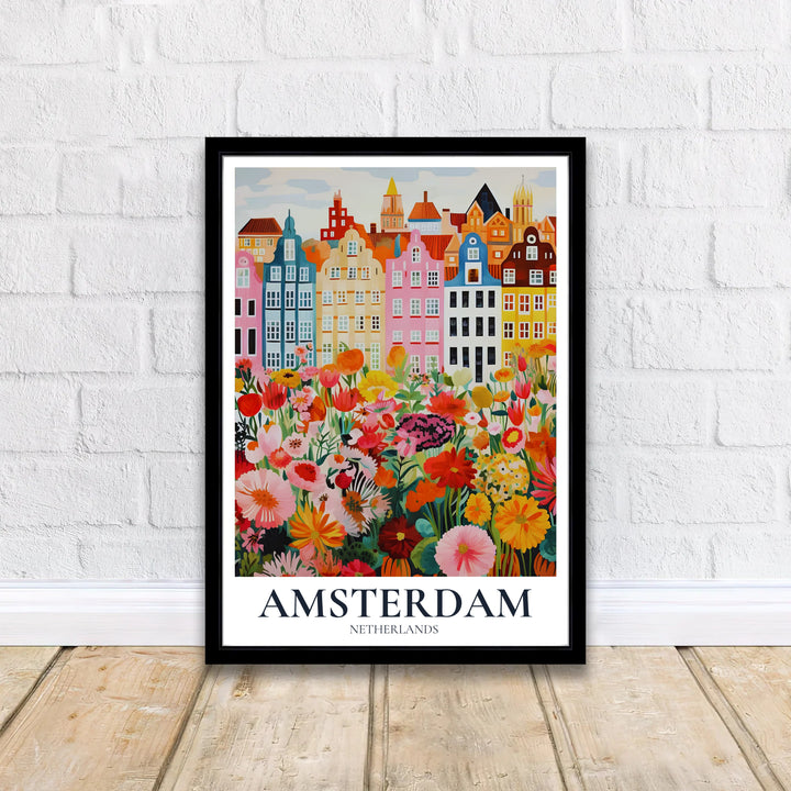Vibrant floral streetscape decor displaying the historic architecture and lush garden field of Amsterdam in cheerful pastel tones, offered by MapYourDreams in flexible formats such as unframed paper prints, gallery wrapped canvas, or custom framing tailored to fit cozy home decor.