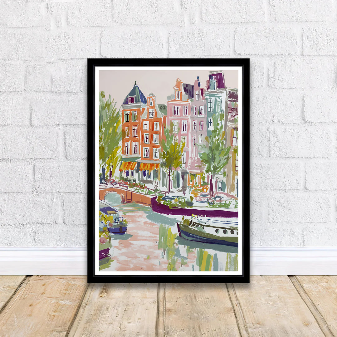 Romantic European city decor displaying houseboats and leafy canal banks of Amsterdam in soft pastel watercolor tones, offered by MapYourDreams in flexible formats such as unframed paper prints, gallery wrapped canvas, or custom framing tailored to fit cozy home spaces.