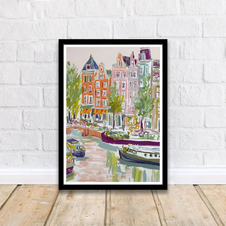 Romantic European city decor displaying houseboats and leafy canal banks of Amsterdam in soft pastel watercolor tones, offered by MapYourDreams in flexible formats such as unframed paper prints, gallery wrapped canvas, or custom framing tailored to fit cozy home spaces.