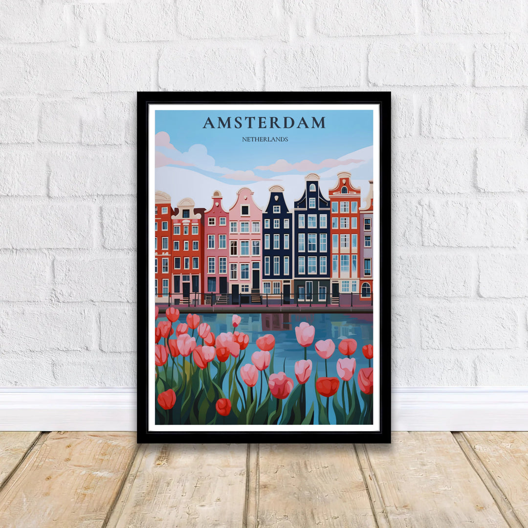 Vibrant European city decor displaying blooming tulips and classic canal reflections in Amsterdam, offered by MapYourDreams in flexible formats such as unframed paper prints, gallery wrapped canvas, or custom framing tailored to complement modern minimalist apartment aesthetics.