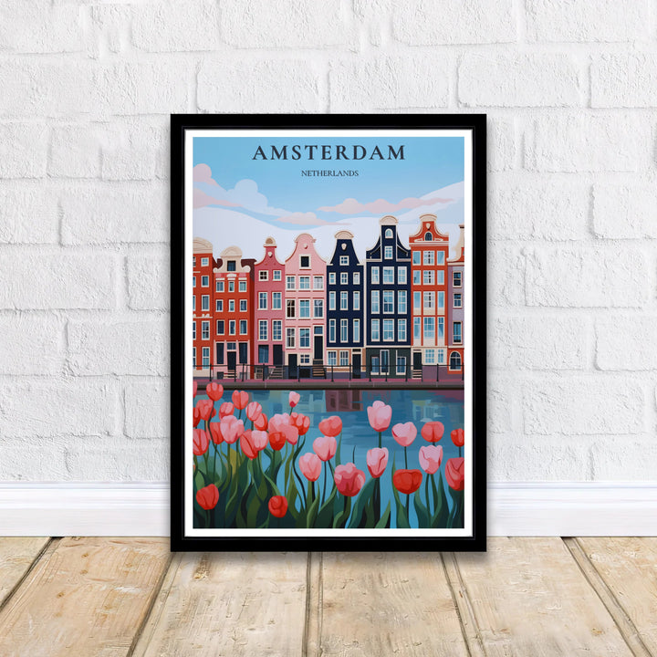 Vibrant European city decor displaying blooming tulips and classic canal reflections in Amsterdam, offered by MapYourDreams in flexible formats such as unframed paper prints, gallery wrapped canvas, or custom framing tailored to complement modern minimalist apartment aesthetics.