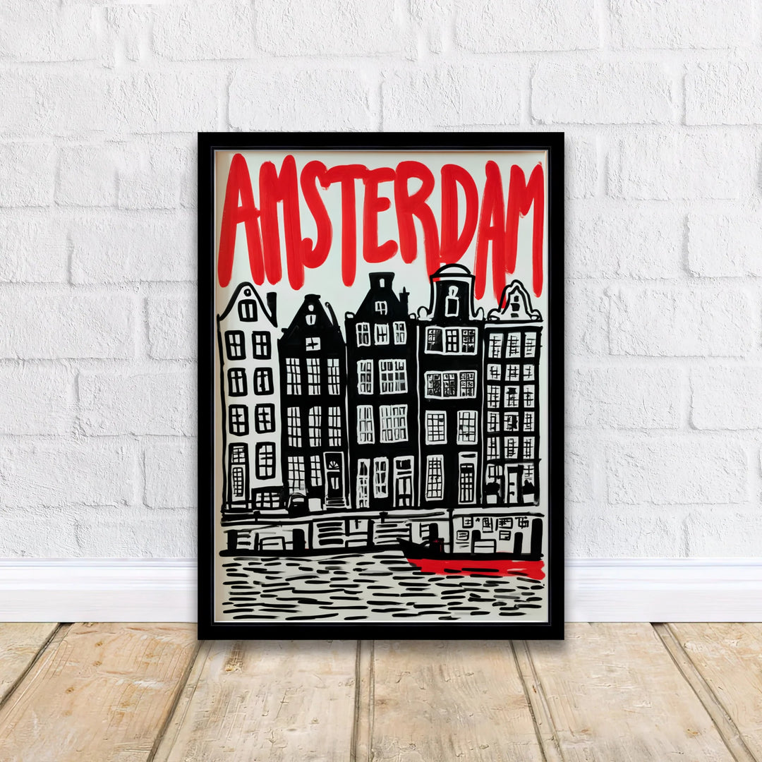 High-contrast European city decor displaying carved canal facades and water reflections in Amsterdam, offered by MapYourDreams in flexible formats such as unframed paper prints, gallery wrapped canvas, or custom framing tailored to complement industrial and minimalist decor.