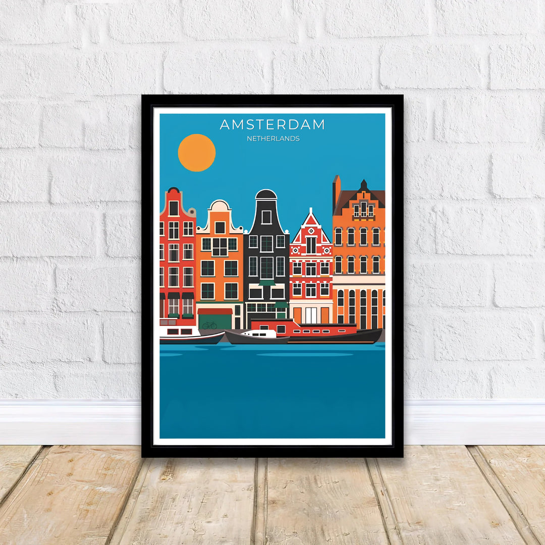 Retro vector art piece detailing gabled houses, floating boats, and a bold orange sun in Amsterdam Netherlands, available at MapYourDreams as an unframed print, a stretched canvas, or custom framing options to complement statement wall setups.