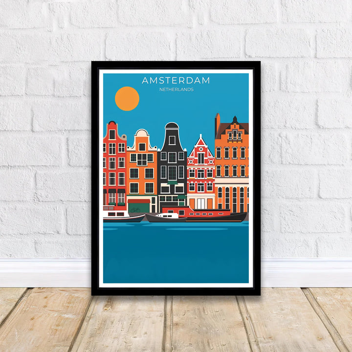 Retro vector art piece detailing gabled houses, floating boats, and a bold orange sun in Amsterdam Netherlands, available at MapYourDreams as an unframed print, a stretched canvas, or custom framing options to complement statement wall setups.