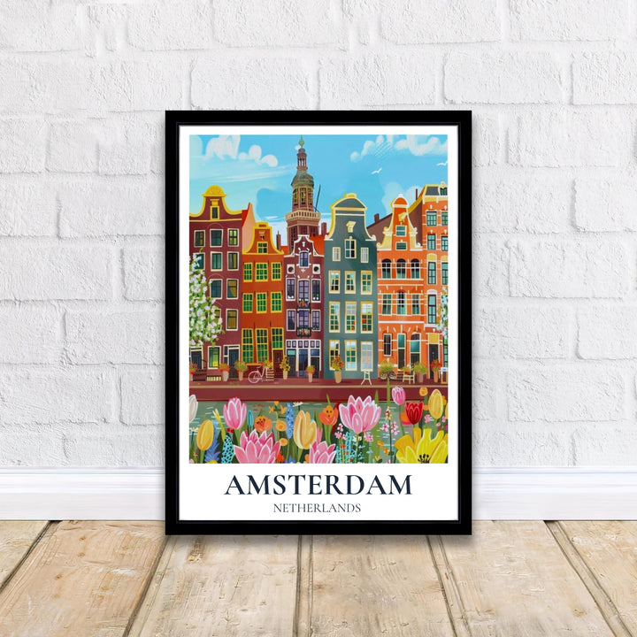 Architectural painterly art poster combining iconic spire skylines with pastel tulip borders along an Amsterdam canal, presented by MapYourDreams with selection choices for fine art unframed paper prints, gallery stretched canvas art, or high-end custom frame choices to complement any room.