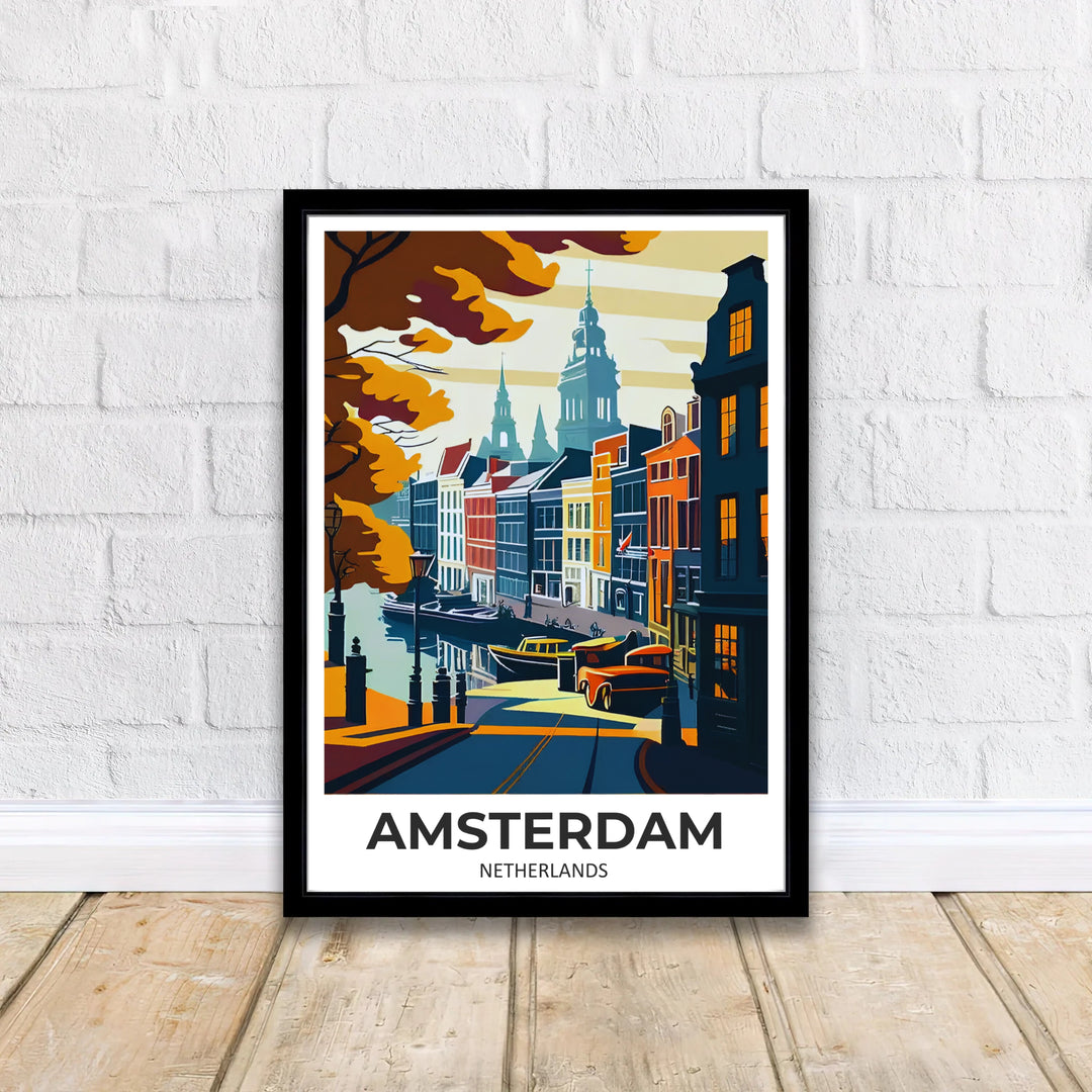 Moody European cityscape wall art featuring historic gabled townhouses and deep blue canal waters in Amsterdam, offered by MapYourDreams where options include unframed paper prints, gallery wrapped canvas decor, or custom frame styling designed to enhance mid-century and vintage room layouts.