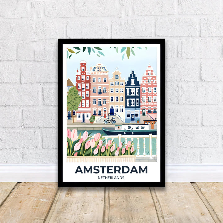 Architectural gouache art poster combining historic gabled building silhouettes with delicate pink tulip borders along an Amsterdam canal, created by MapYourDreams with selections including fine art unframed paper prints, gallery stretched canvas art, or high-end custom frame choices for subtle decor.
