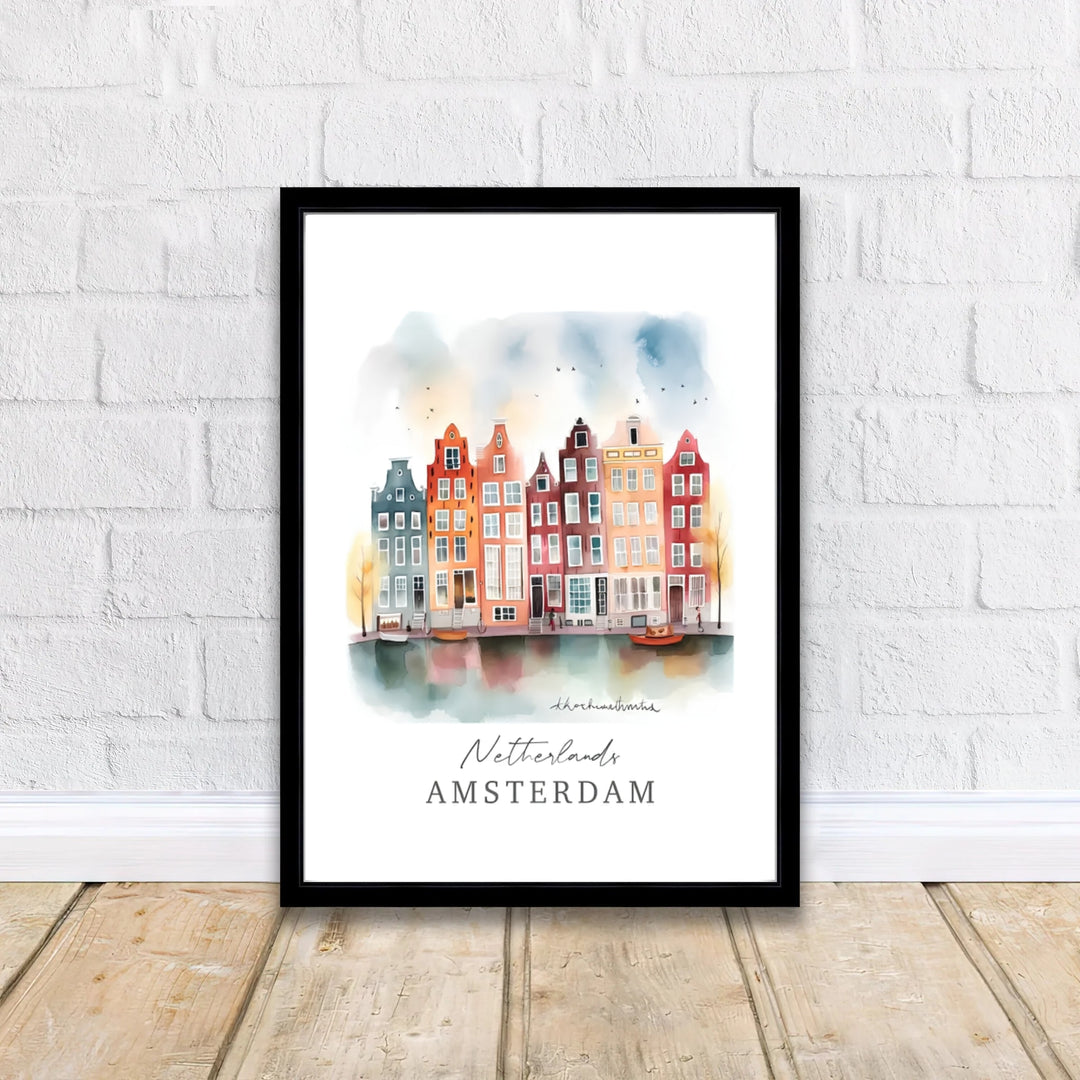 Soft watercolor European cityscape wall art featuring orange, yellow, and blue townhouses along an Amsterdam canal, offered by MapYourDreams where options include unframed paper prints, gallery wrapped canvas decor, or custom frame styling designed to enhance warm minimalist interiors.